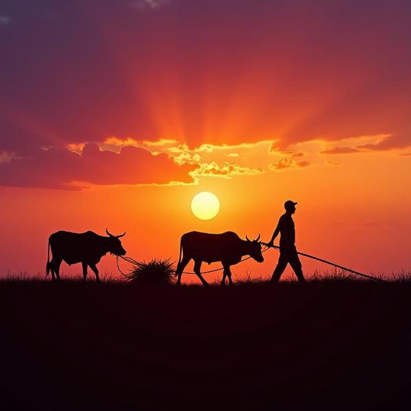 Silhouette of farmer ploughing with bullocks at sunset