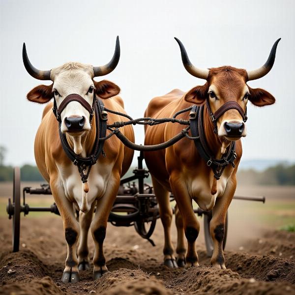 Harnessed oxen plowing a field