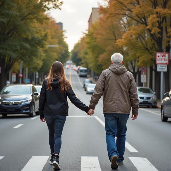 Helping an elderly person cross the road