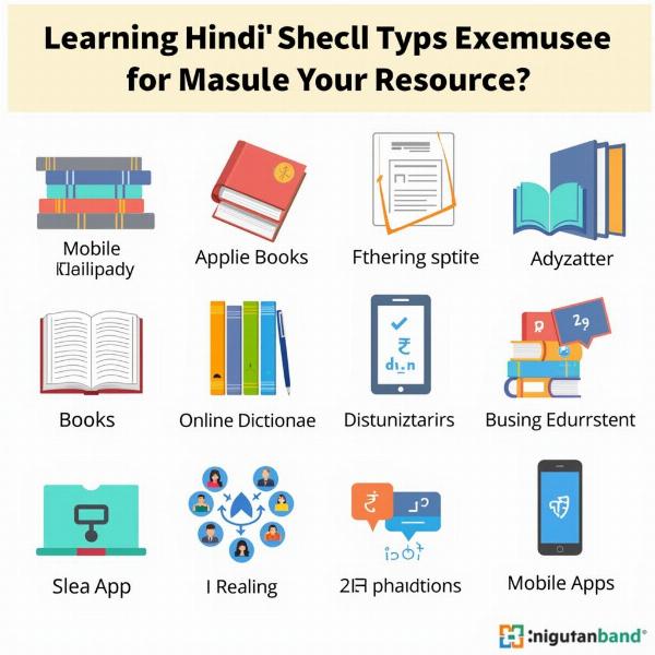 Various resources for learning Hindi, including books, online dictionaries, and language learning apps