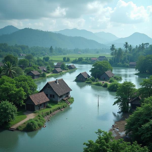 Hindi Meaning of Engulf: Flood Engulfing a Village