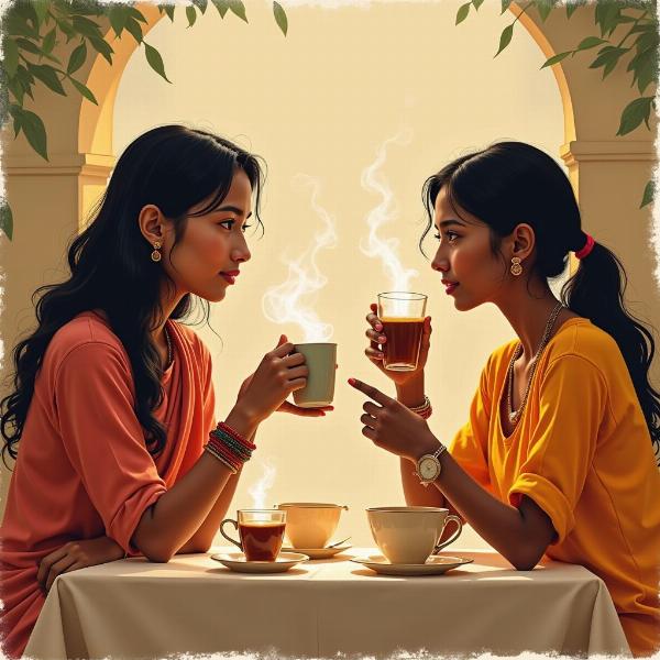 Two people having a conversation over chai