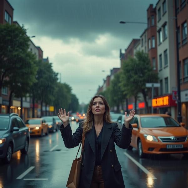 A woman surprised by sudden rain