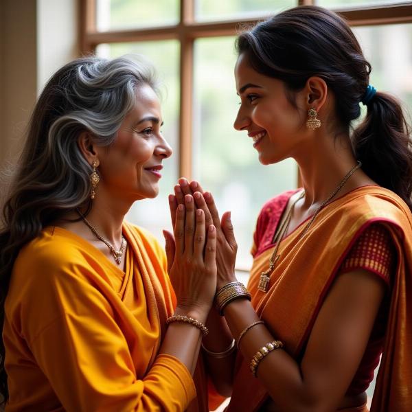 A woman respectfully greeting an elder