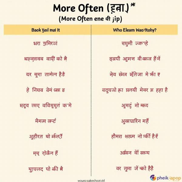 A chart with Hindi translations of "more often than not"