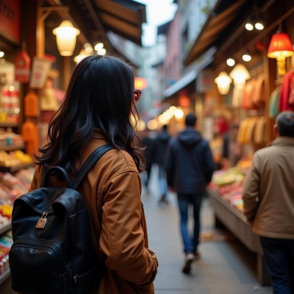 A person looking around a marketplace, expressing "I am just looking around" in Hindi.