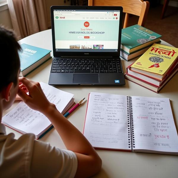 A person studying Hindi with books and online resources