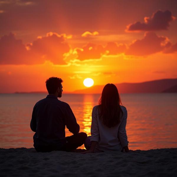 Couple watching sunset, wishing the other person was there