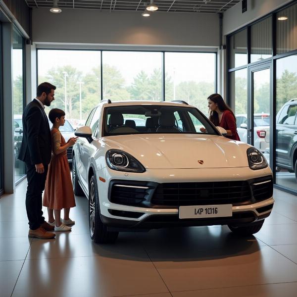 Indian family looking at a Porsche in a showroom