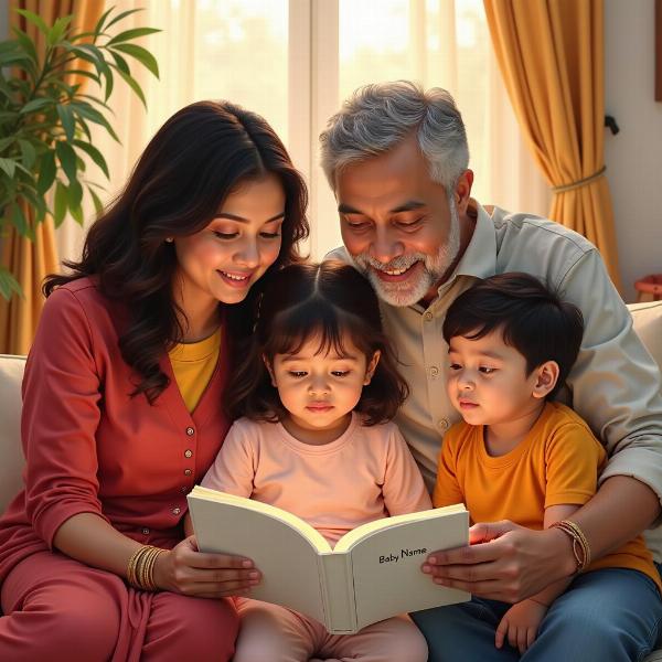 An Indian family looking at a book of baby names