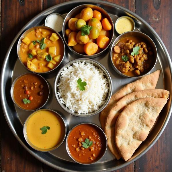 A Delicious Indian Thali - A colorful and diverse Indian thali, showcasing a variety of dishes, rice, bread, and accompaniments.