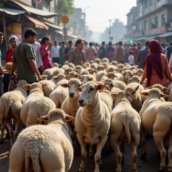 Flock of Sheep at a Market