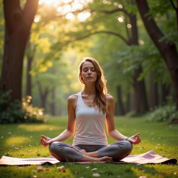 Woman meditating peacefully in a serene natural setting