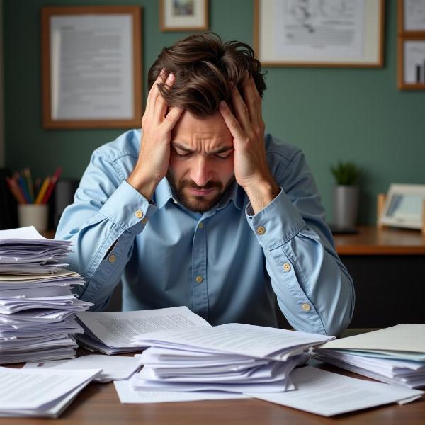 Man overwhelmed with paperwork, looking stressed.