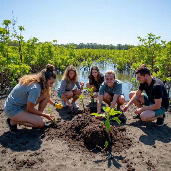 Volunteers planting mangrove saplings in a conservation project