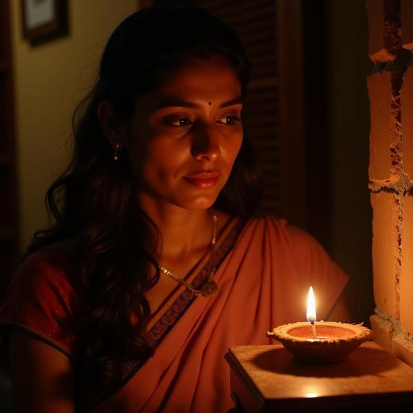 Woman lighting a diya