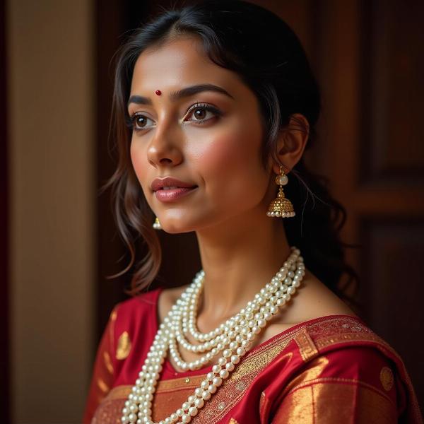 Woman Wearing a Pearl Necklace