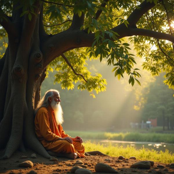 Wisdom represented by an ancient scholar meditating under a banyan tree