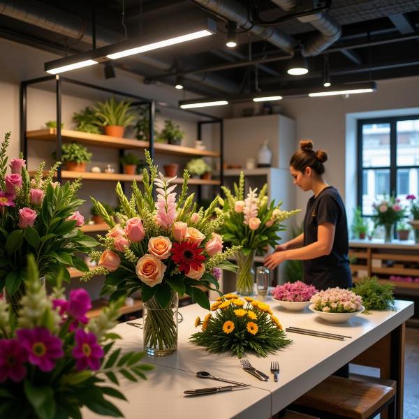 A modern florist creating a western-style bouquet in an Indian flower shop.