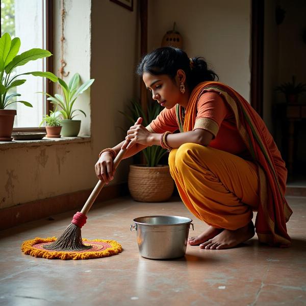 Mopping the floor in an Indian home