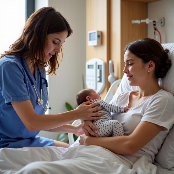 Mother and newborn receiving postnatal care in a hospital room.