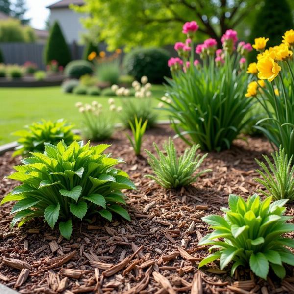 Mulched garden bed with healthy plants