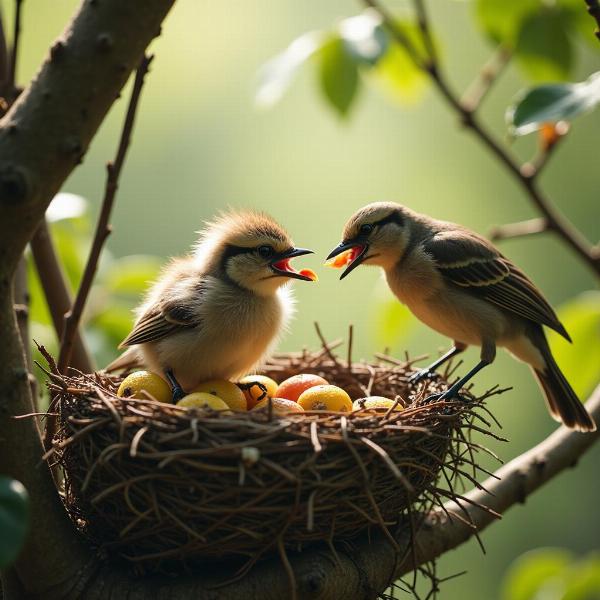 Nestling Bird in Hindi: A young bird sits in its nest, awaiting food from its parent.