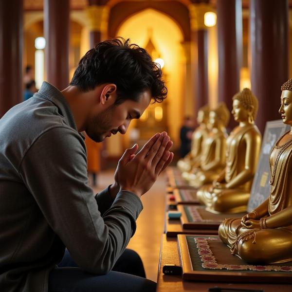 A person praying at a temple, making a wish.