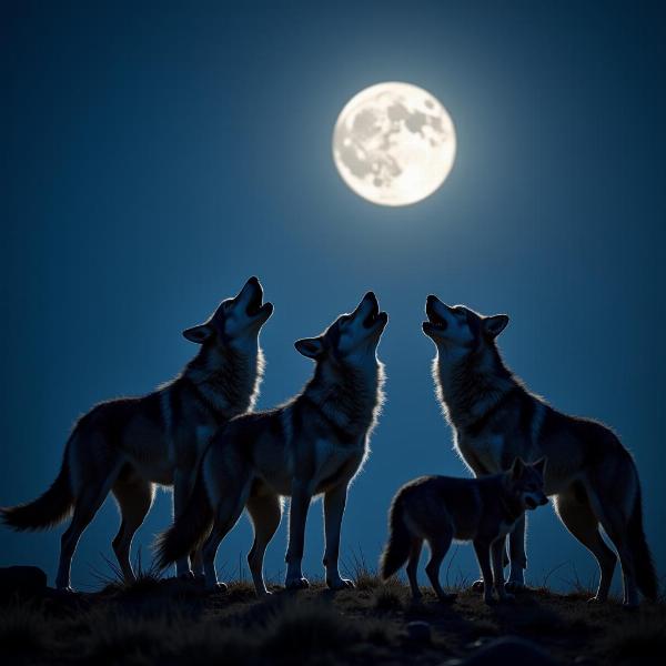 A pack of wolves howling at the moon