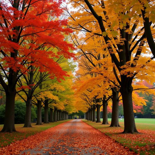 Deciduous trees shedding leaves in autumn