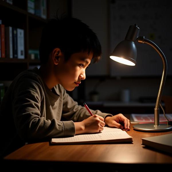 A student studying under a lamp