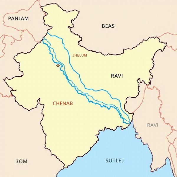 Map of Punjab showing the five rivers