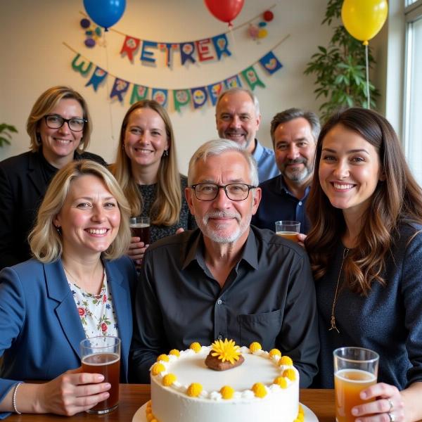 Colleagues celebrating a retiring employee at a farewell party