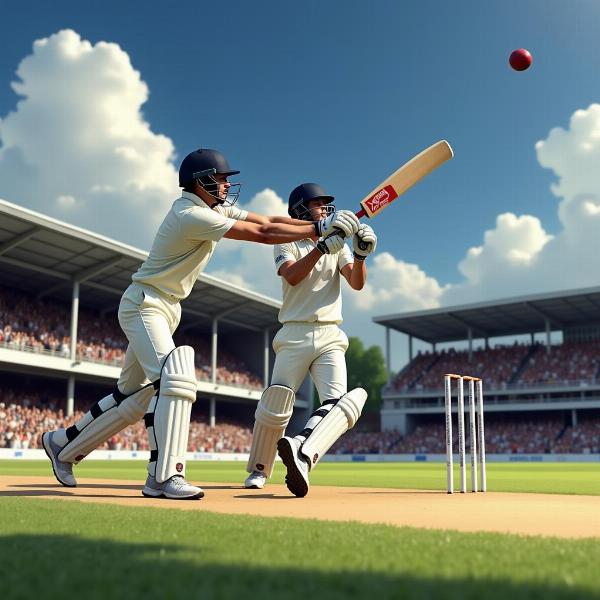 A batsman hitting a powerful sixer in a cricket match