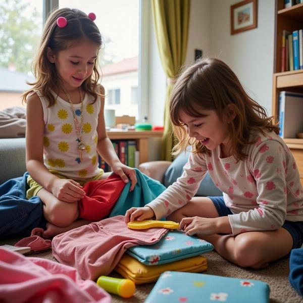 Children excitedly packing bags for summer vacation