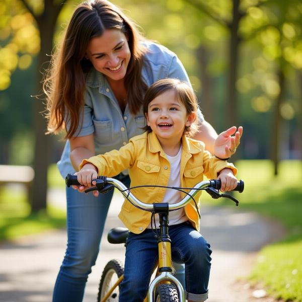 A parent teaching their child to ride a bicycle