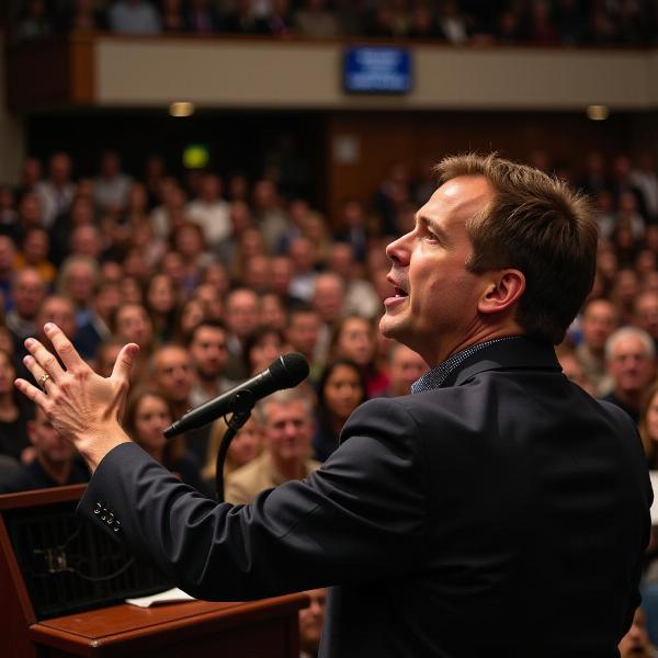 A speaker addressing a crowd vociferously