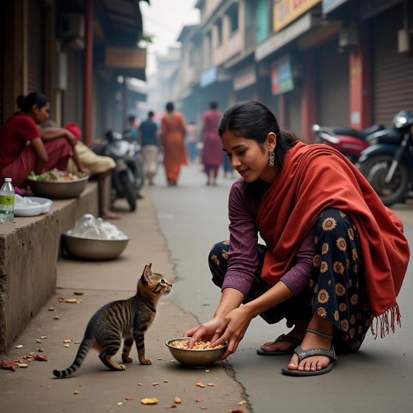 Woman Feeding a Street Kitten