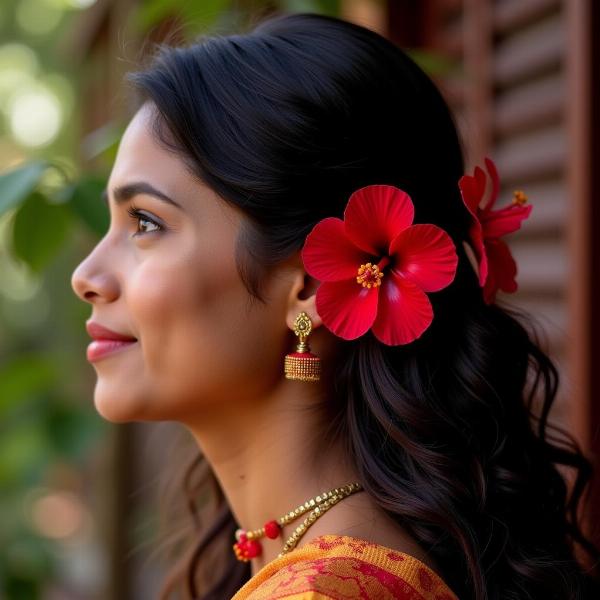 Woman wearing hibiscus flower in hair