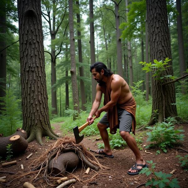 Wood cutter working in a forest