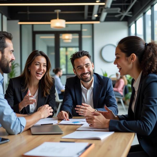 Business people enthusiastically collaborating in a meeting