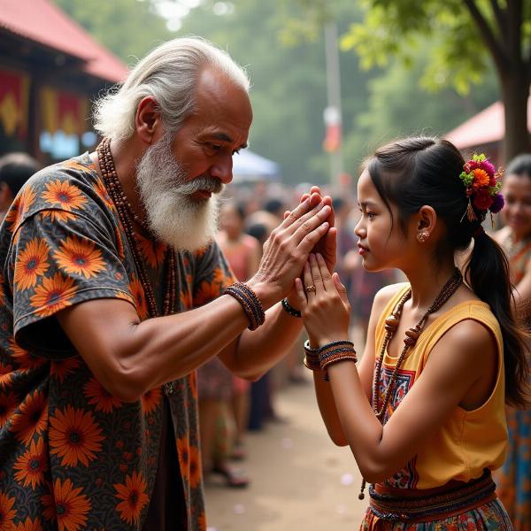 An elder blessing a younger person for su thayu