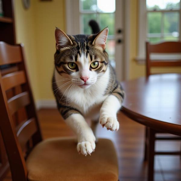 Cat springing onto a table