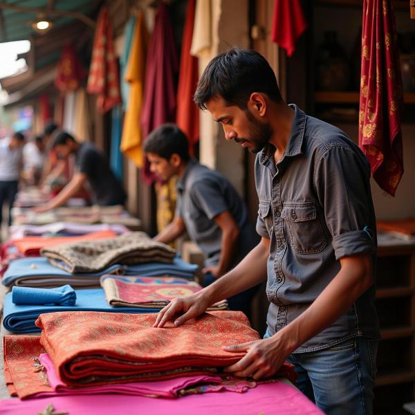 Checking fabric at a market