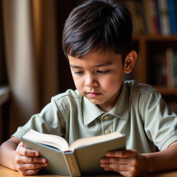 Class 6 student reading an English-Hindi dictionary