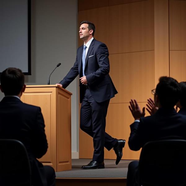 Businessman stepping down from a podium