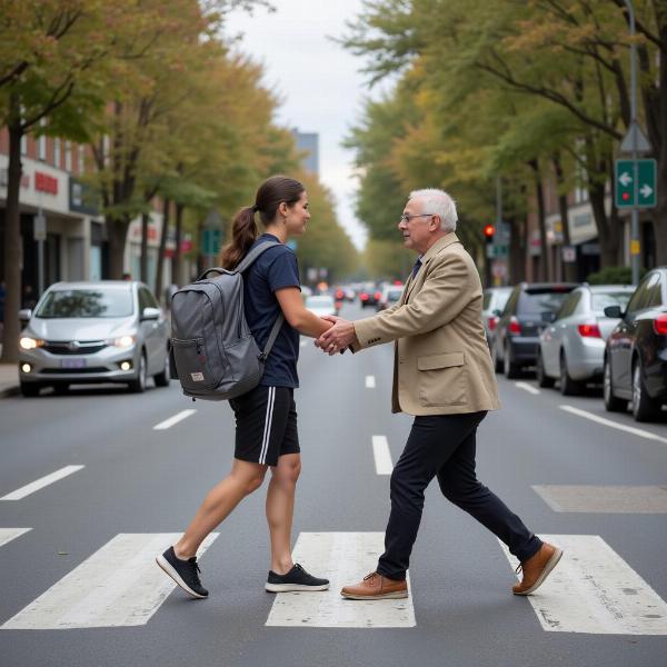 A considerate person helping an elderly person cross the road