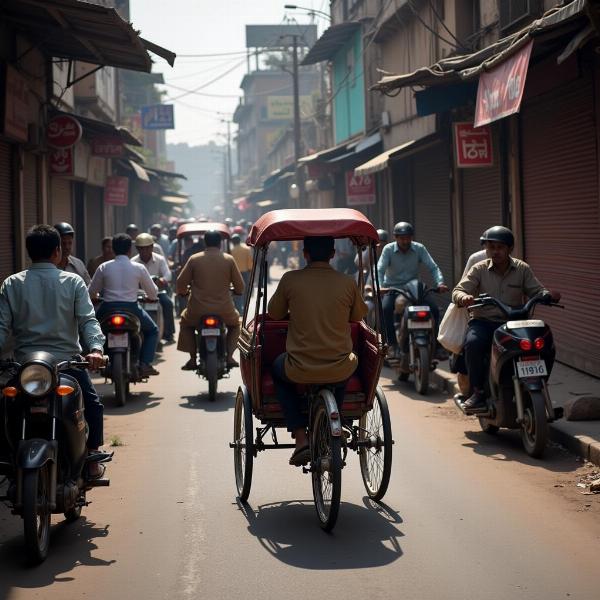 A cycle rickshaw navigating a narrow lane