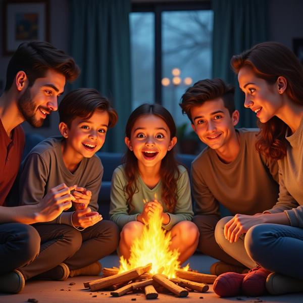 Family gathered around, laughing and trying to solve a riddle.