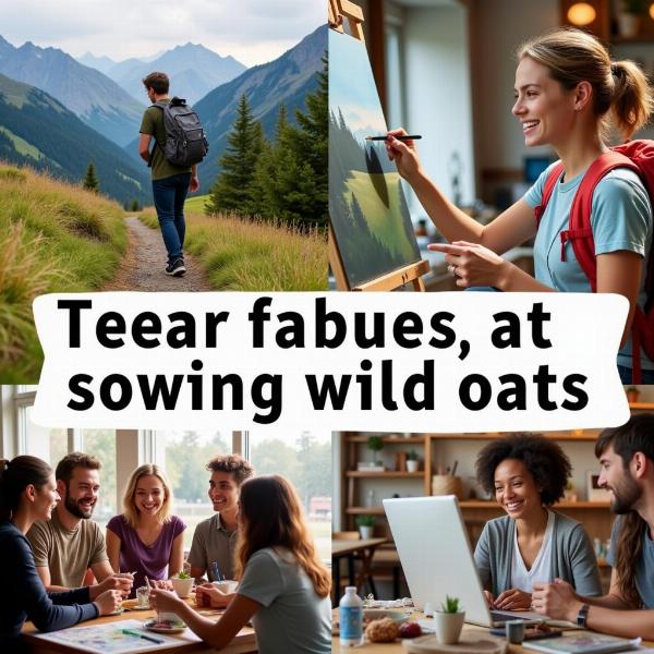 Real-life Examples of "Sowing Wild Oats": A collage depicting various scenarios of young people exploring different experiences, such as traveling, trying new hobbies, and socializing.